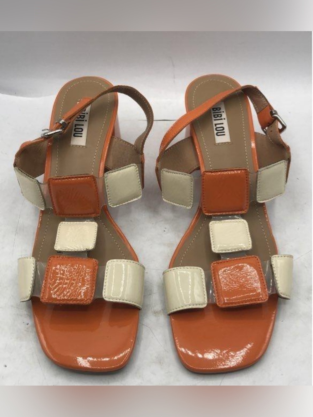 Bibi Lou Sandals SIZE 40 Orange Cream Patent Leather Square-Stitched Woman’s EUC